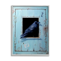 Vrana je sjedila na rustikalnim plavim vratima, na ključu je visjela slika u sivom okviru, zidni ispis, dizajn Alana ouestona