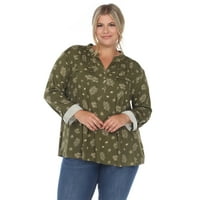 Ženska bluza s plisiranim rukavima s printom lišća u prevelikoj veličini u donjem dijelu
