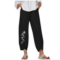 Ženske modne hlače visokog struka s ravnim rubom s laticama od pamuka i lana s printom, svestrane Ležerne hlače do gležnja, crne,