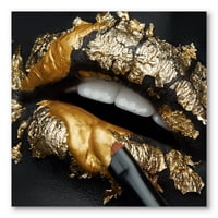 Dizajnerska umjetnost ženske usne s crnom kožom i zlatnom folijom - moderni zidni otisak na platnu