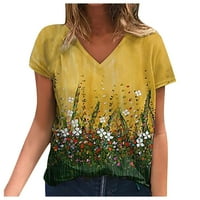 Ležerne ljetne tunike, Gornji dijelovi, bluze za žene s cvjetnim printom, majice s izrezom u obliku slova U i kratkim rukavima