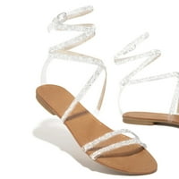 Ženske sandale za žene, ljetne ženske modne casual retro ravne Japanke, kristalno ukrašene sandale, bijele 8,5