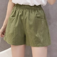 Ženske lanene široke Ležerne kratke hlače visokog struka, tanke i široke lanene hlače u vojno zelenoj boji