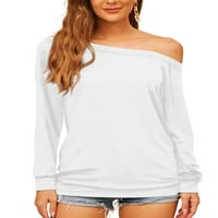 Ženska majica u boji, Majica dugih rukava, majica s okruglim vratom, bluza od tunike s ramena, bijela majica s dugim rukavima