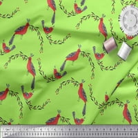 Zelena Tkanina Od rajonskog krepa u Narodnom umjetničkom tisku u obliku lišća, bobica i ptica širokih dvorišta