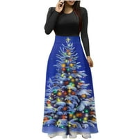 Ženske jesenske haljine s printom božićnog drvca, duga haljina s dugim rukavima s okruglim vratom, ležerni Maksi sarafan na plaži