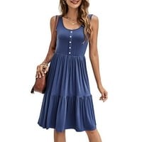 Haljina u obliku slova A., Ženska jednobojna haljina bez rukava s izrezom u obliku slova A i suknjom srednje duljine, plava u obliku