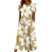 Ženske haljine Plus Size Ženska cvjetna sunčana haljina okruglog vrata kratki rukav do gležnja Casual Fit i flare haljine bijele