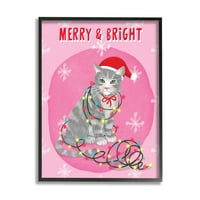 Stupell Industries Merry & Bright Christmas Cat Lights Grafička umjetnost Black Framed Art Print Art Art, Design by Ni la la