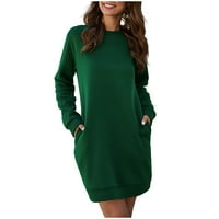Ženske haljine, mini haljina s dugim rukavima s okruglim vratom, obična ležerna Ženska ljetna haljina s džepovima, zelena